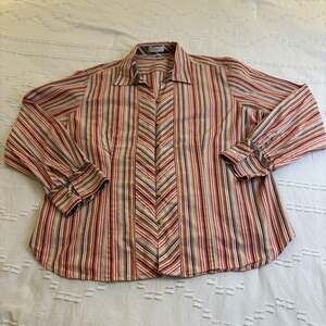 Vtg Van Heusen Striped Button Up Blouse Womens XL 90s Y2K Earth Tone Cotton Top